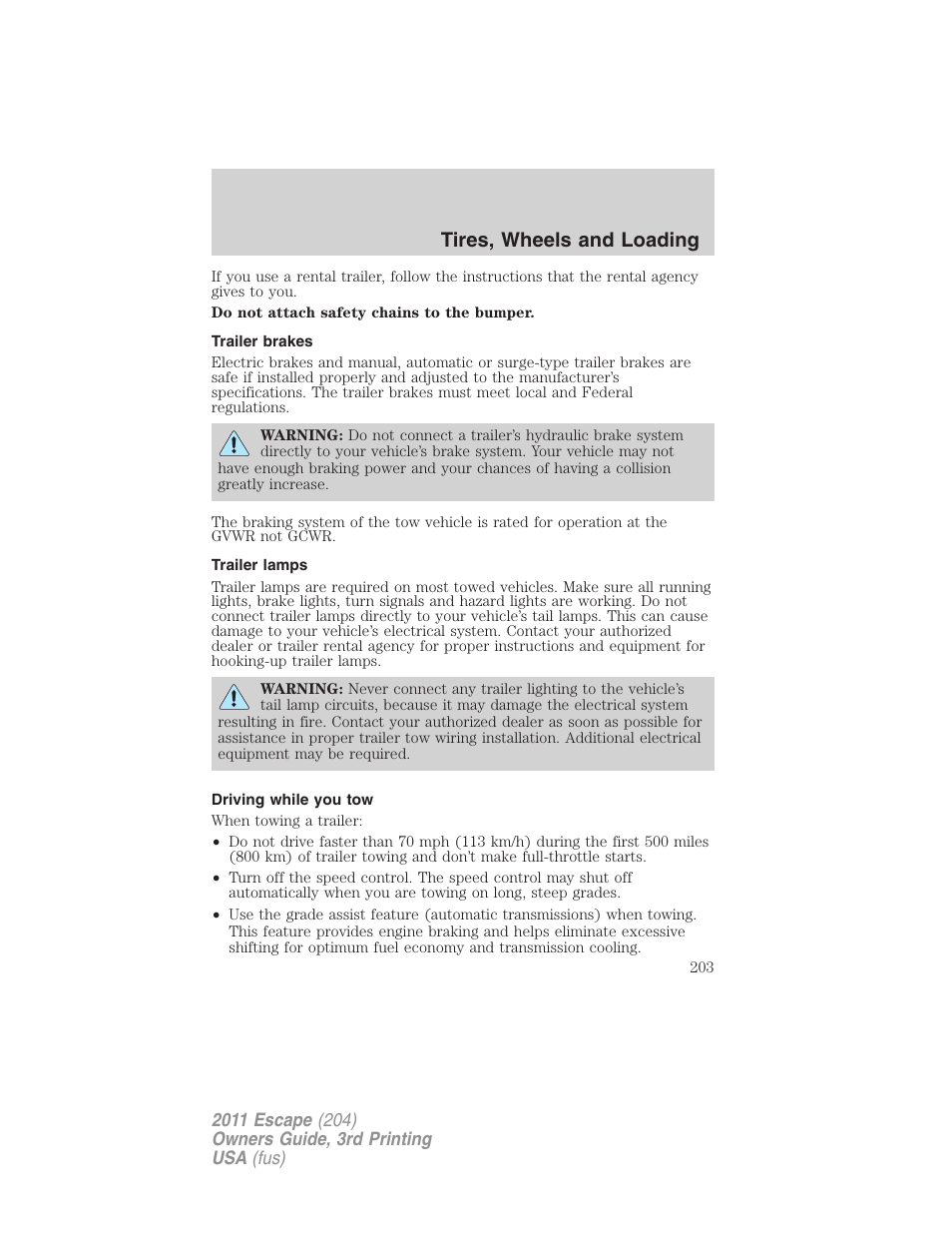 Trailer brakes, Trailer lamps, Driving while you tow | Tires, wheels and loading | FORD 2011 Escape v.3 User Manual | Page 203 / 367
