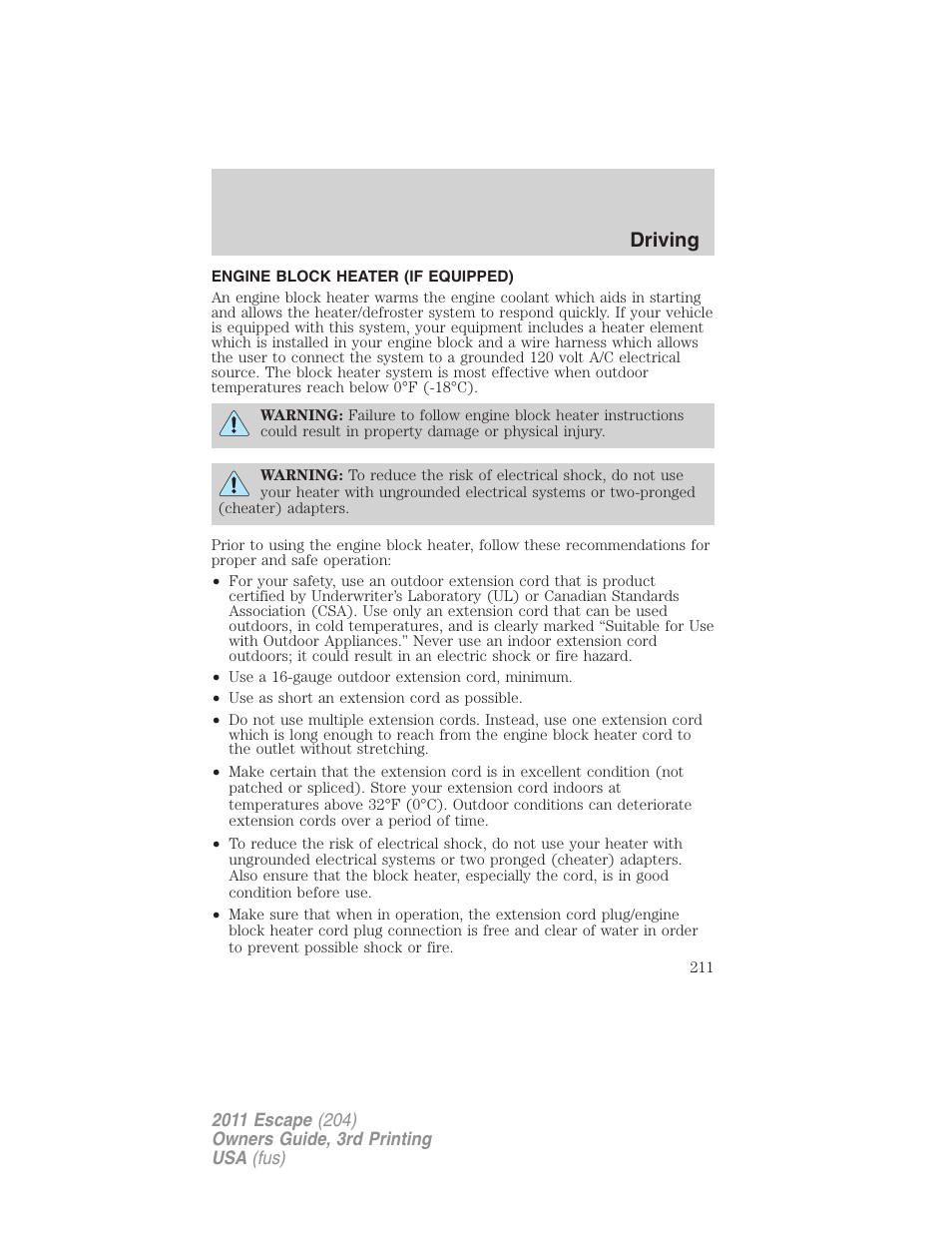 Engine block heater (if equipped), Driving | FORD 2011 Escape v.3 User Manual | Page 211 / 367