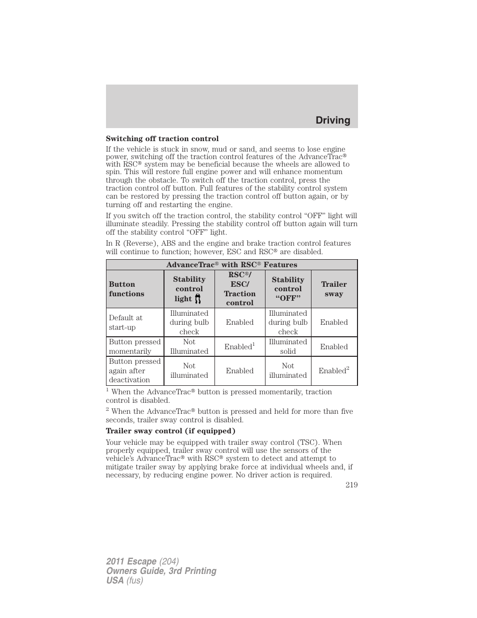 Driving | FORD 2011 Escape v.3 User Manual | Page 219 / 367