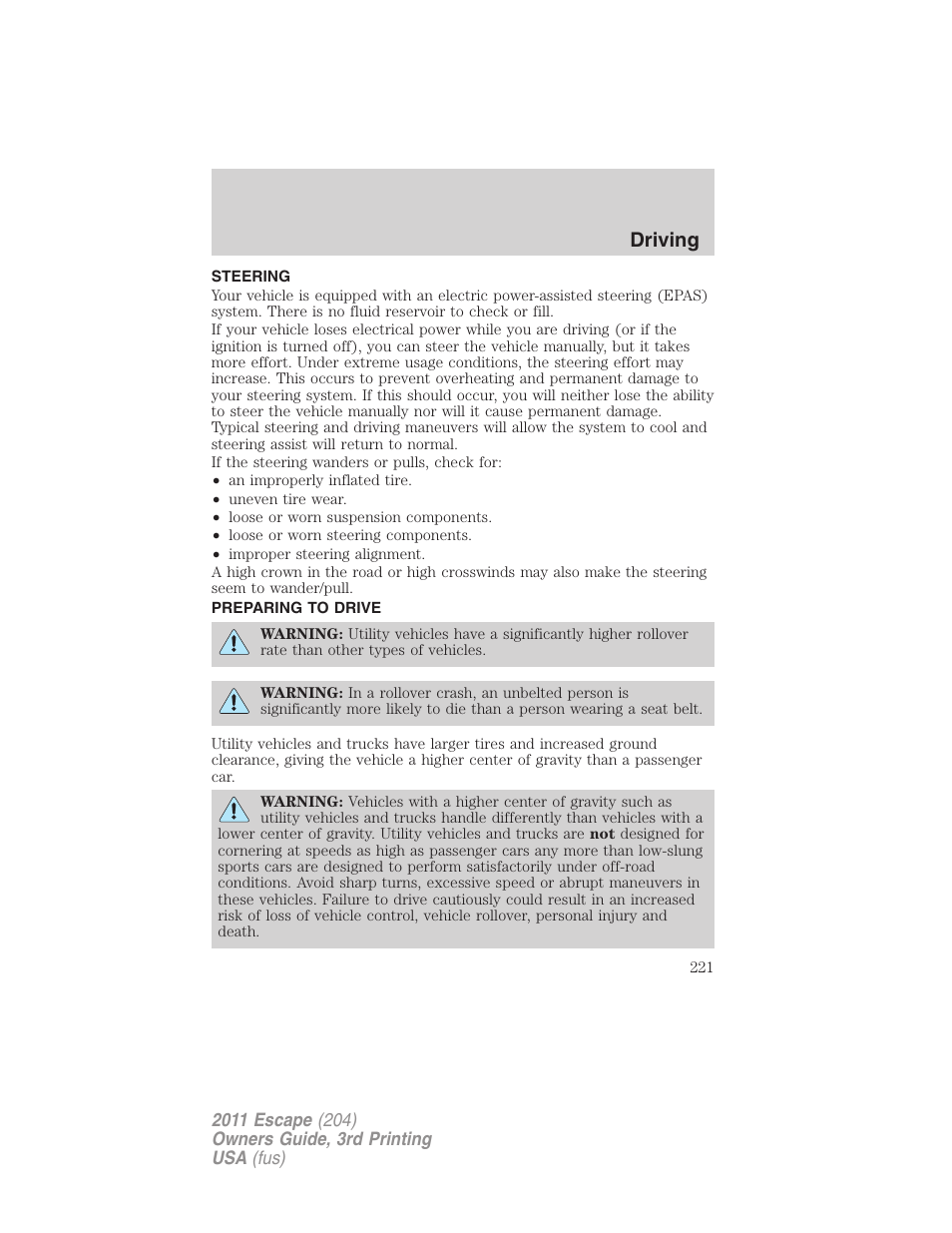 Steering, Preparing to drive, Driving | FORD 2011 Escape v.3 User Manual | Page 221 / 367