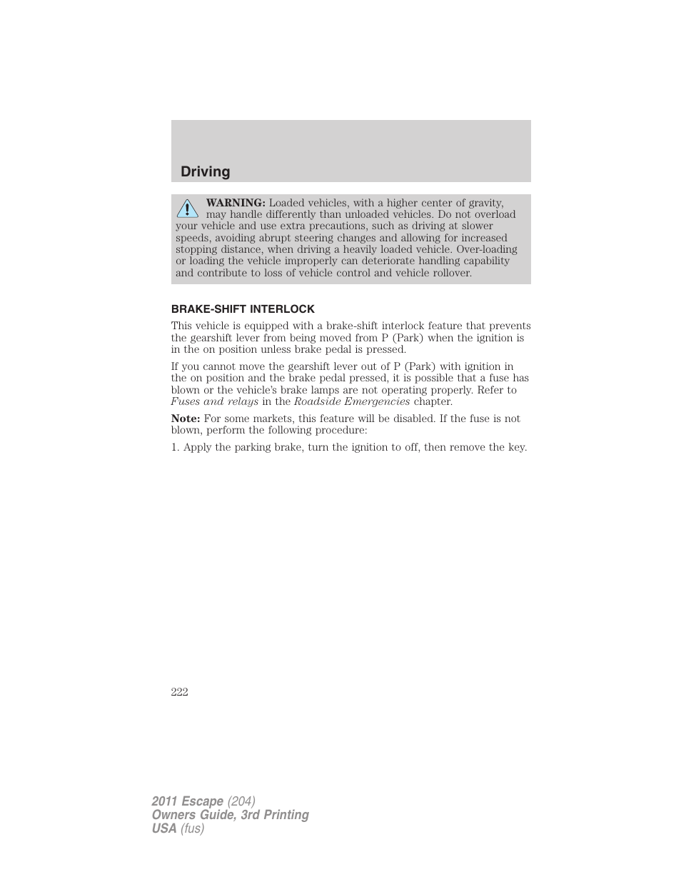 Brake-shift interlock, Driving | FORD 2011 Escape v.3 User Manual | Page 222 / 367