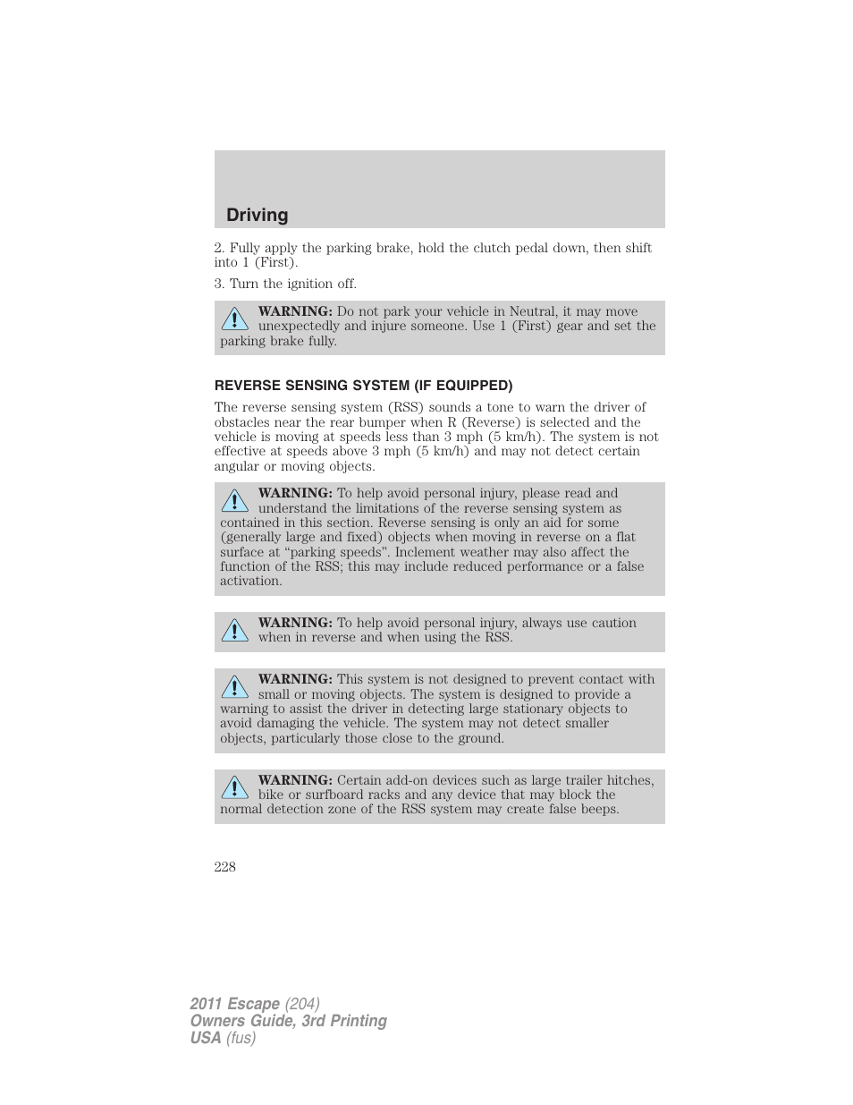 Reverse sensing system (if equipped), Reverse sensing system, Driving | FORD 2011 Escape v.3 User Manual | Page 228 / 367