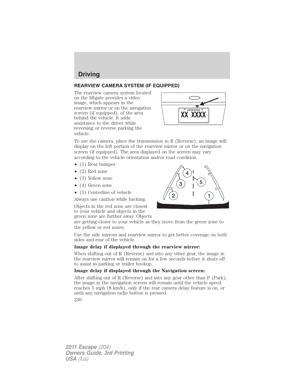 Rearview camera system (if equipped), Rear-view camera system, Driving | FORD 2011 Escape v.3 User Manual | Page 230 / 367