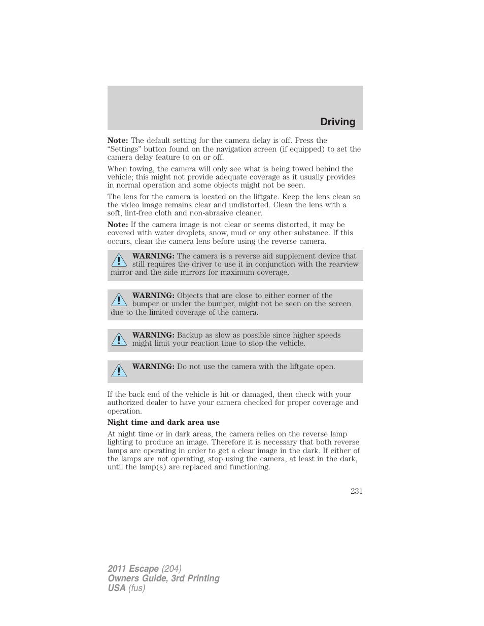 Driving | FORD 2011 Escape v.3 User Manual | Page 231 / 367