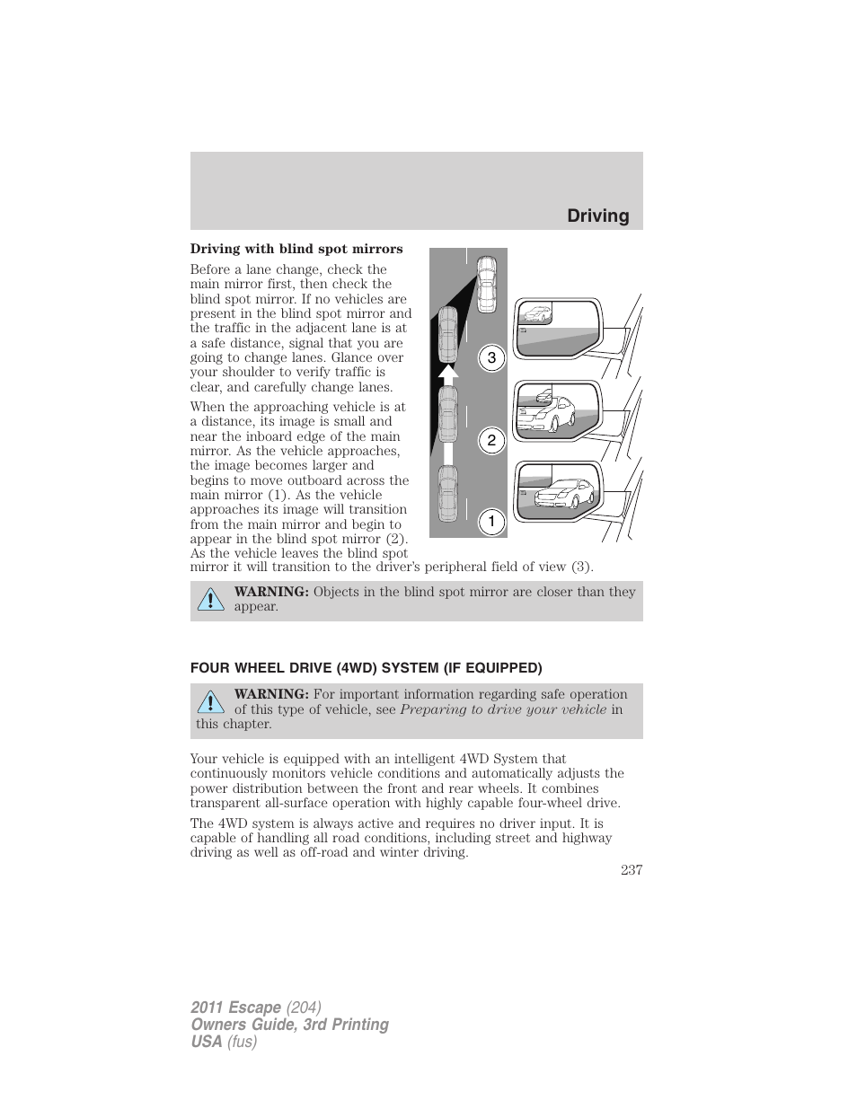 Four wheel drive (4wd) system (if equipped), Driving | FORD 2011 Escape v.3 User Manual | Page 237 / 367