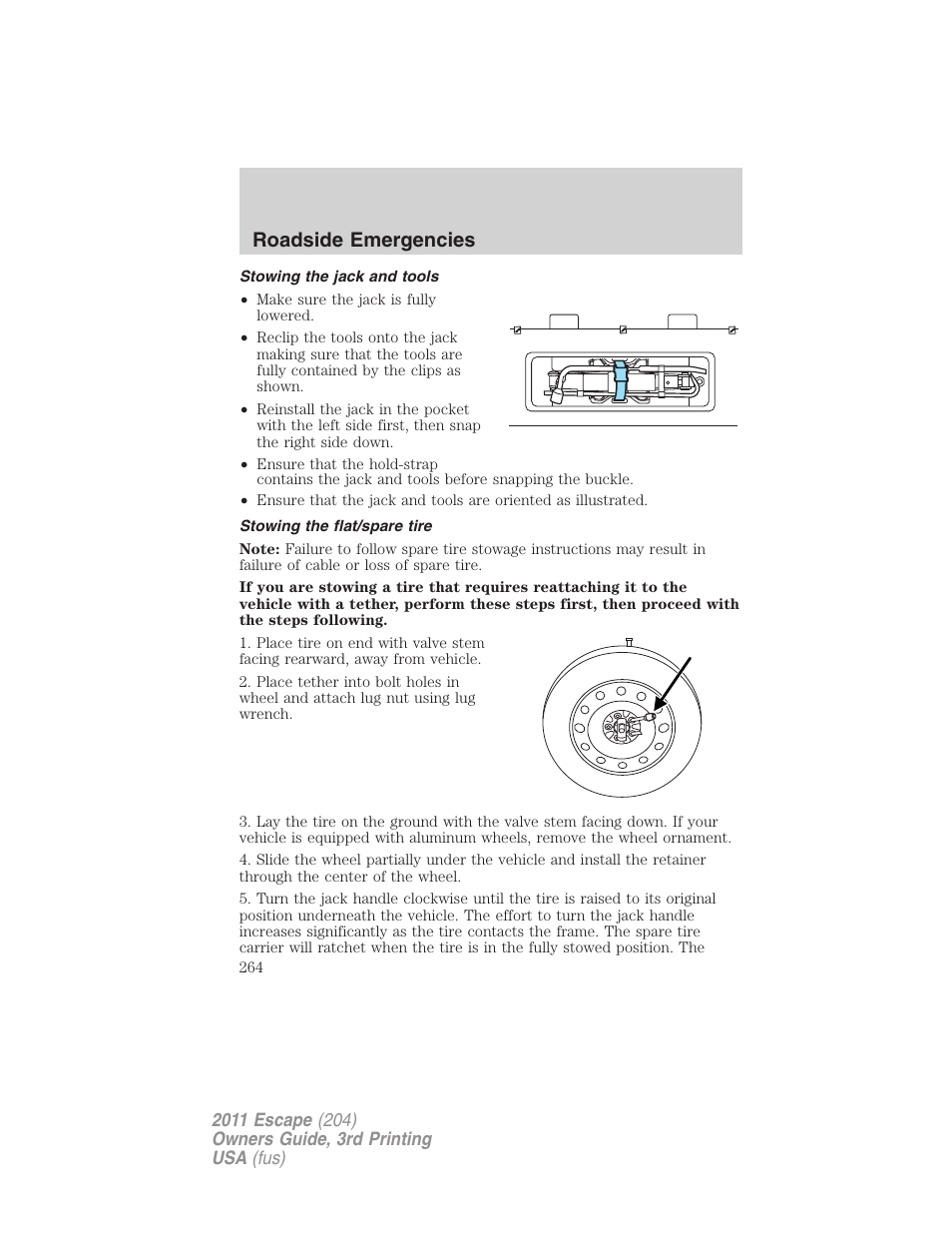 Stowing the jack and tools, Stowing the flat/spare tire, Roadside emergencies | FORD 2011 Escape v.3 User Manual | Page 264 / 367