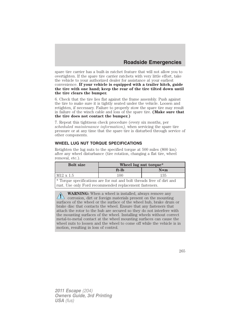 Wheel lug nut torque specifications, Wheel lug nut torque, Roadside emergencies | FORD 2011 Escape v.3 User Manual | Page 265 / 367