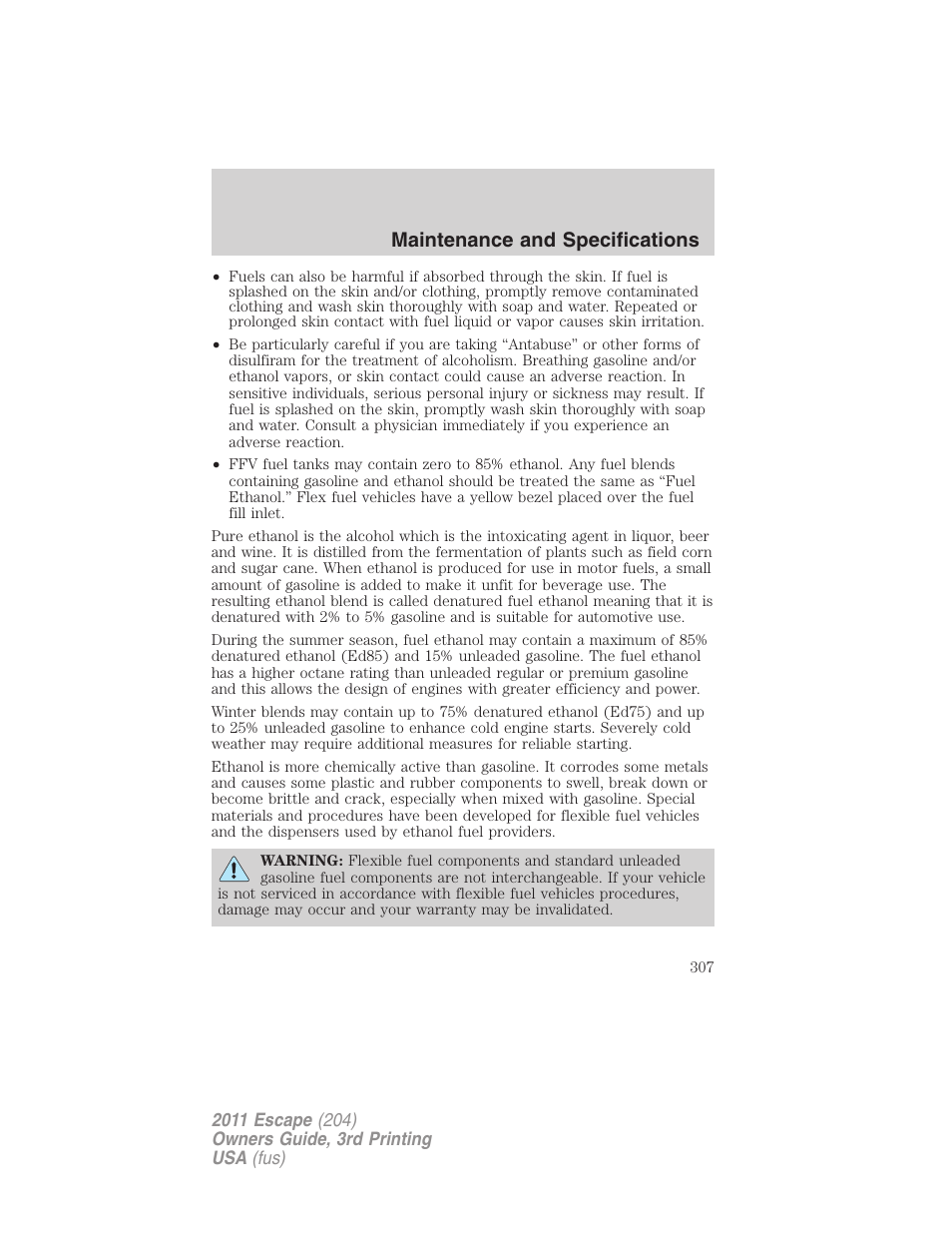 Maintenance and specifications | FORD 2011 Escape v.3 User Manual | Page 307 / 367