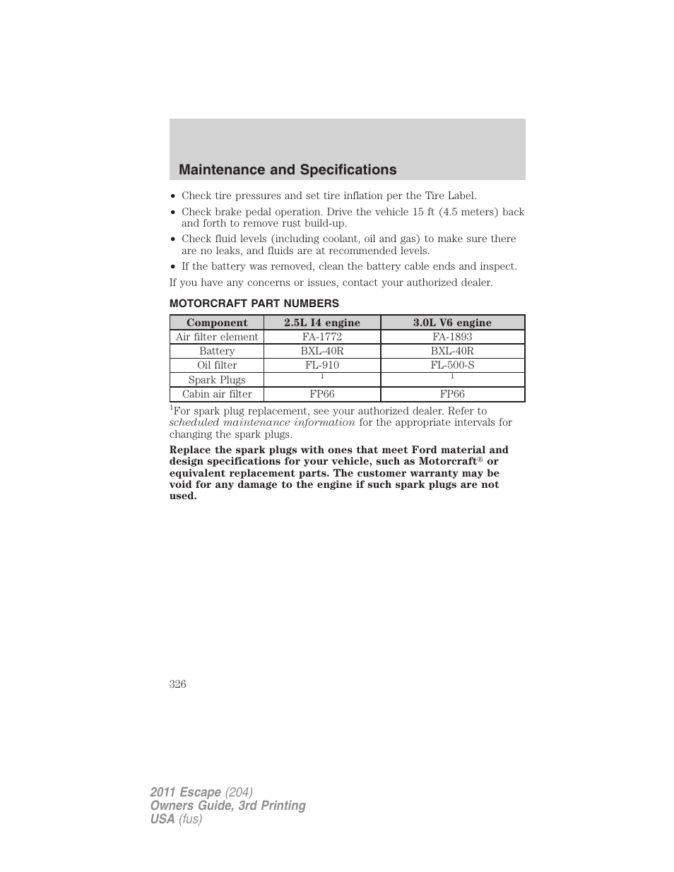 Motorcraft part numbers, Part numbers, Maintenance and specifications | FORD 2011 Escape v.3 User Manual | Page 326 / 367