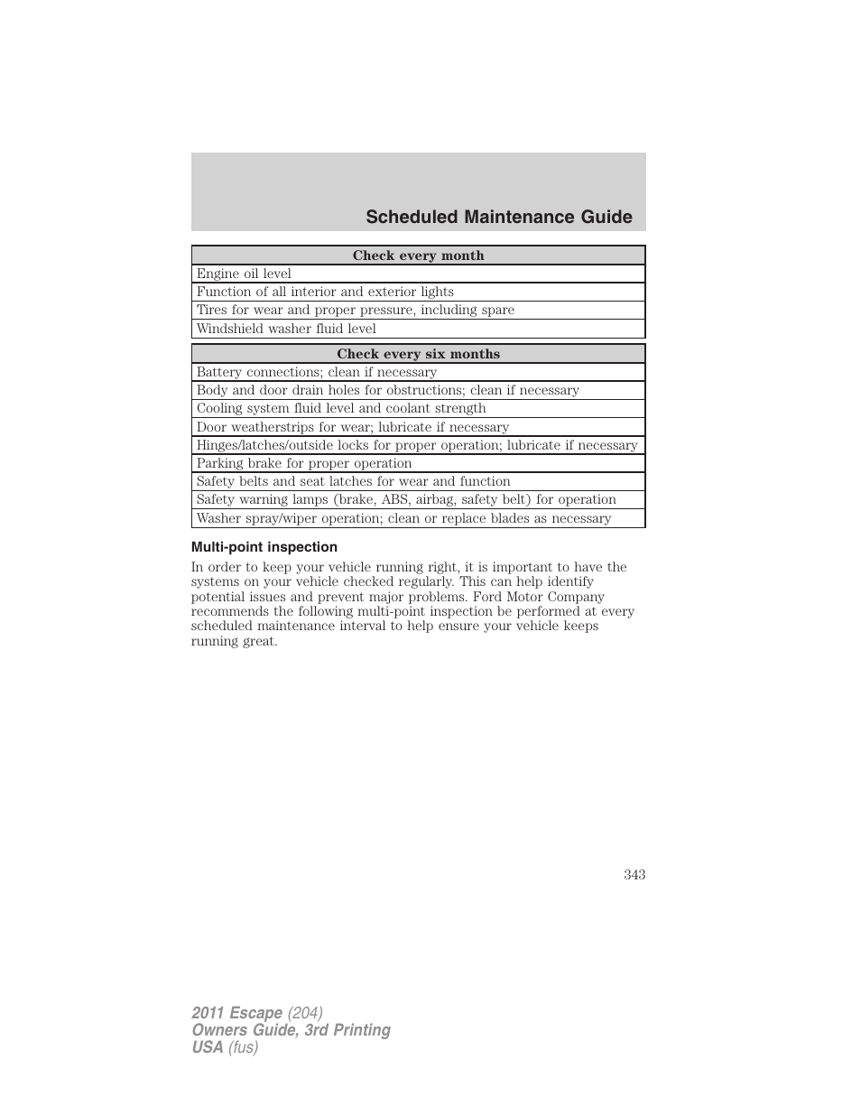 Multi-point inspection, Scheduled maintenance guide | FORD 2011 Escape v.3 User Manual | Page 343 / 367