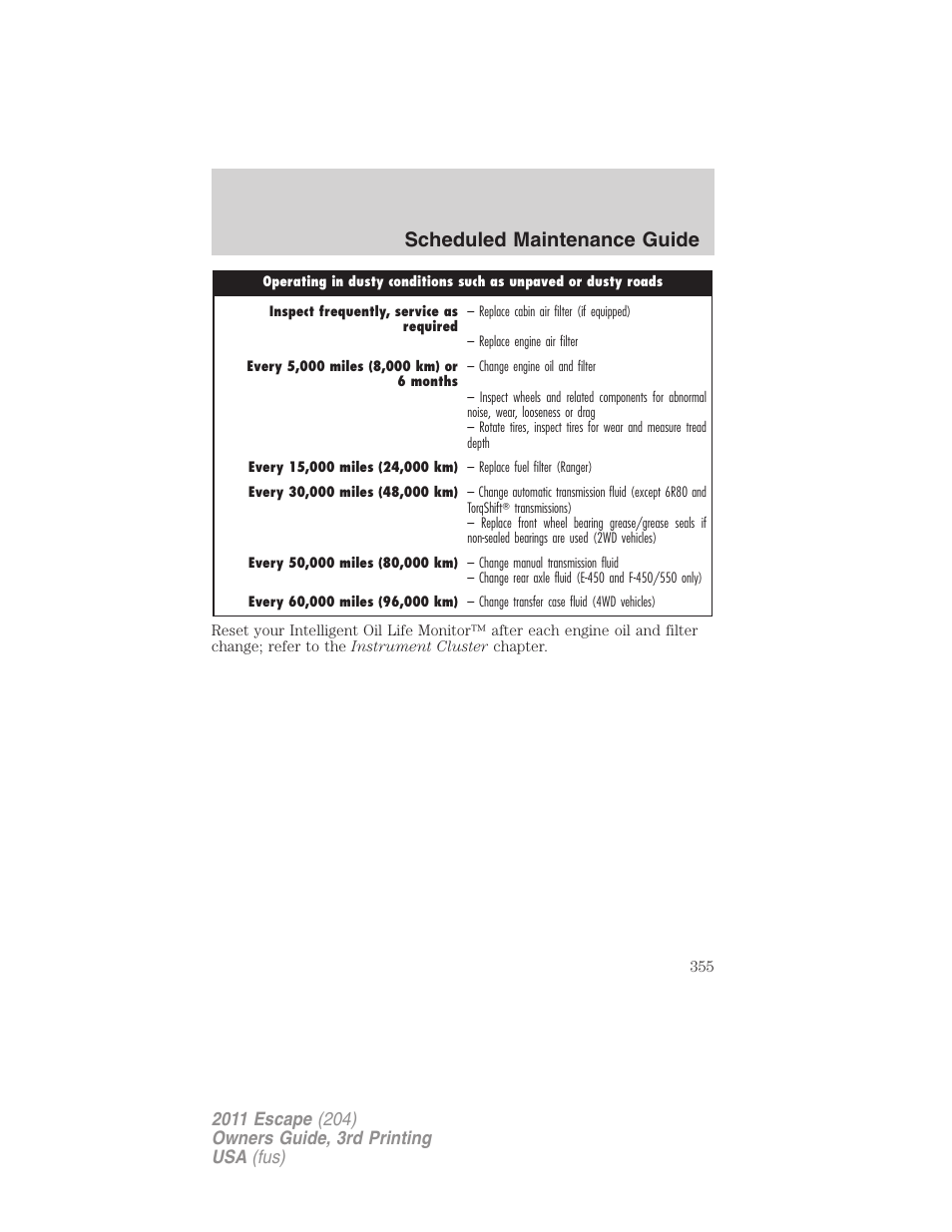 Scheduled maintenance guide | FORD 2011 Escape v.3 User Manual | Page 355 / 367