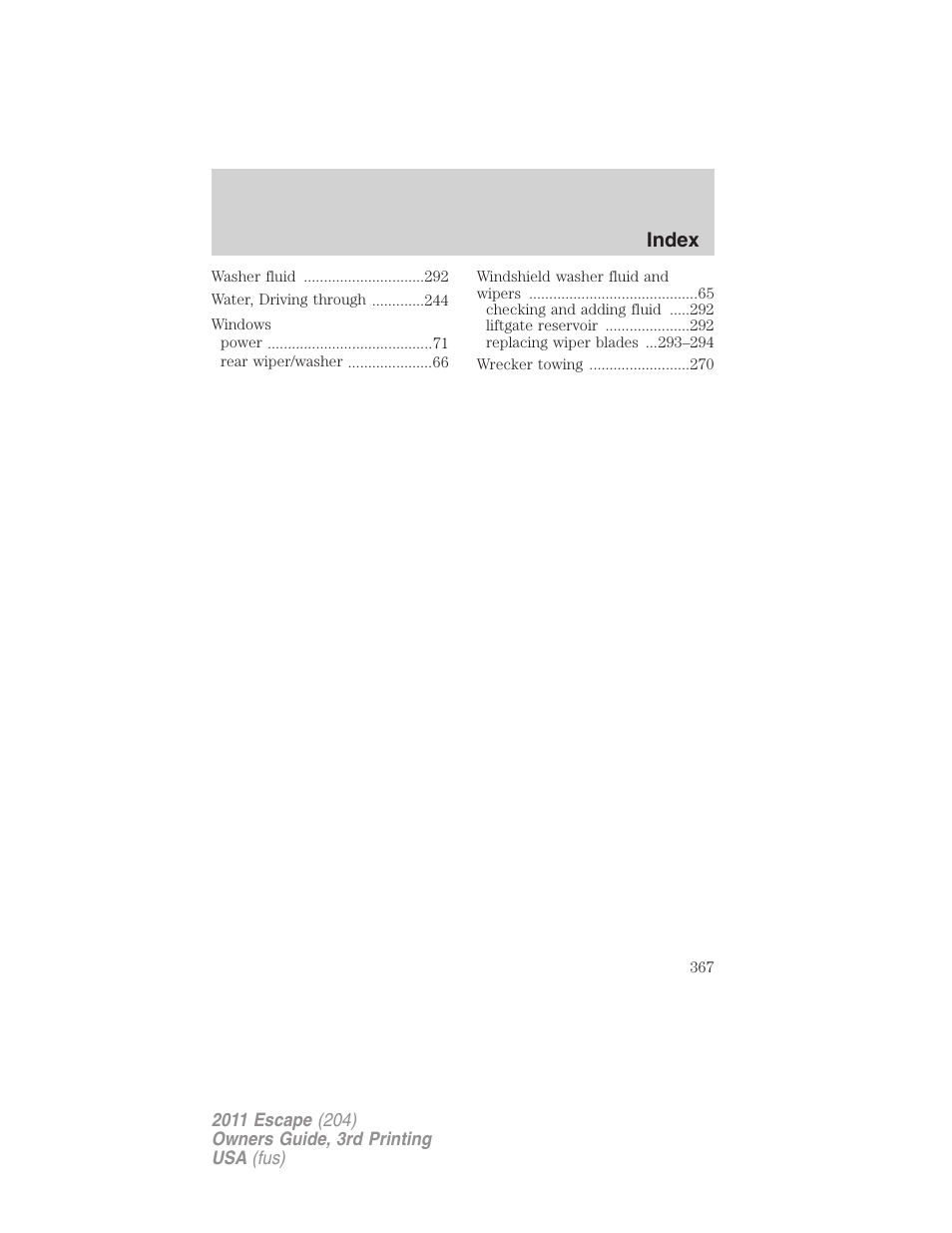 Index | FORD 2011 Escape v.3 User Manual | Page 367 / 367