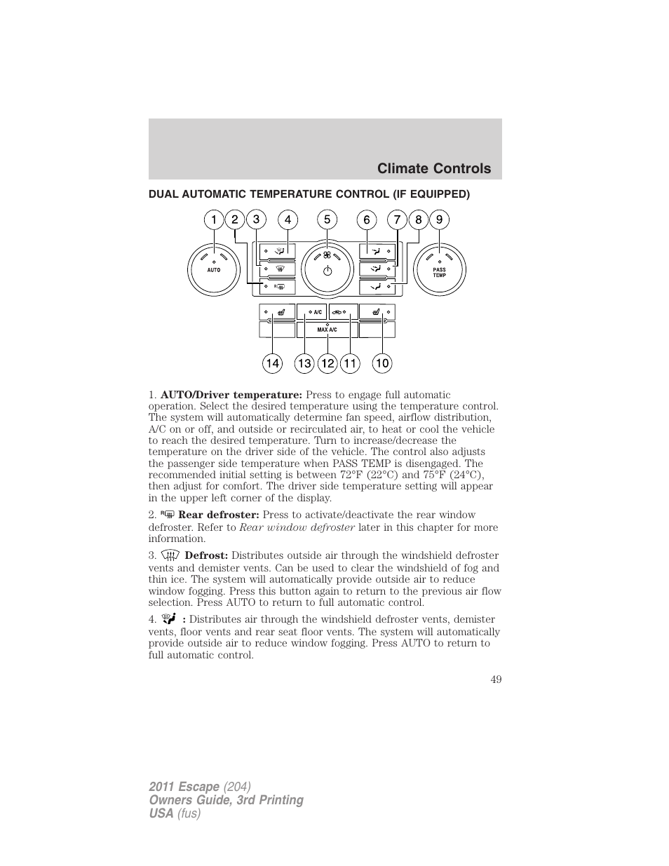 Dual automatic temperature control (if equipped), Dual automatic temperature control, Climate controls | FORD 2011 Escape v.3 User Manual | Page 49 / 367