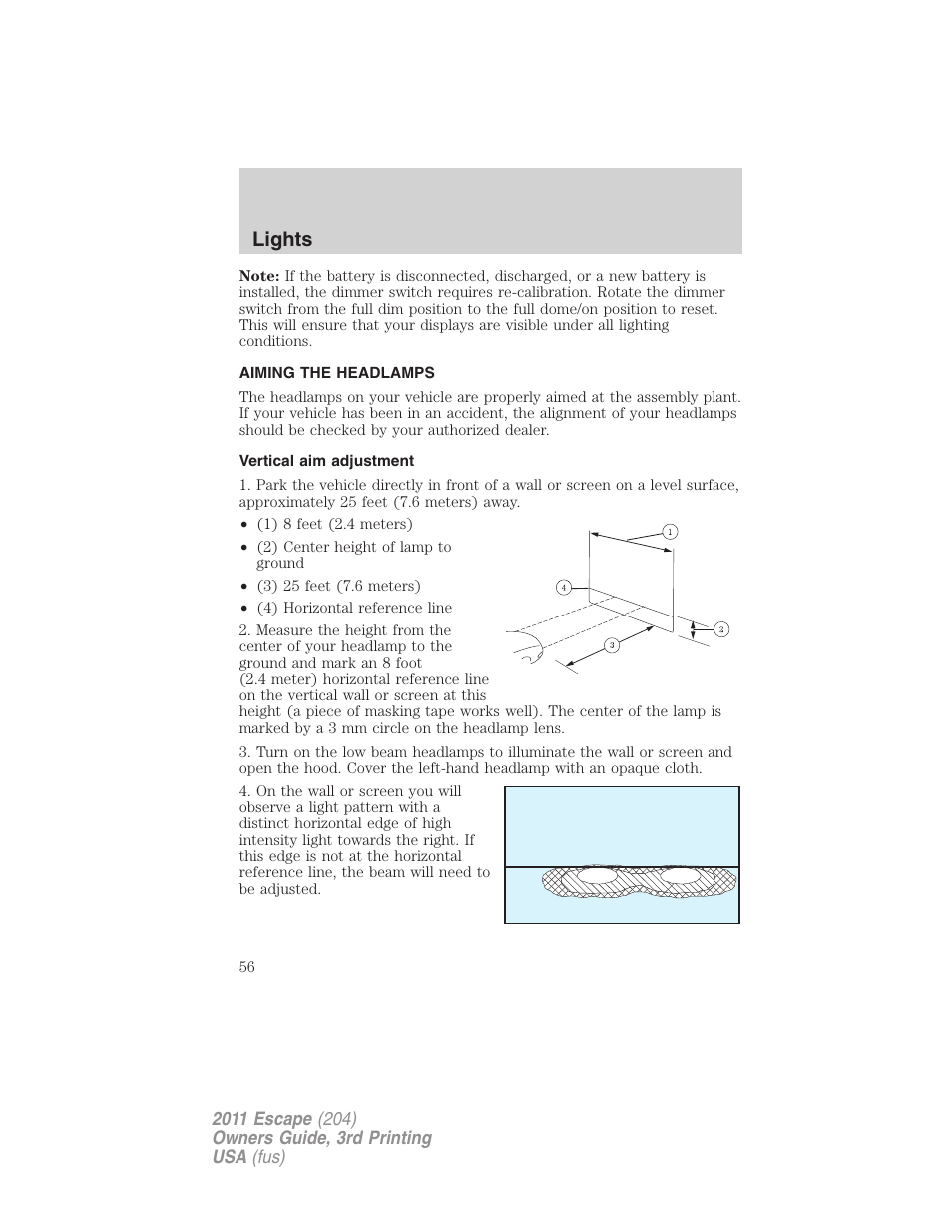 Aiming the headlamps, Vertical aim adjustment, Lights | FORD 2011 Escape v.3 User Manual | Page 56 / 367