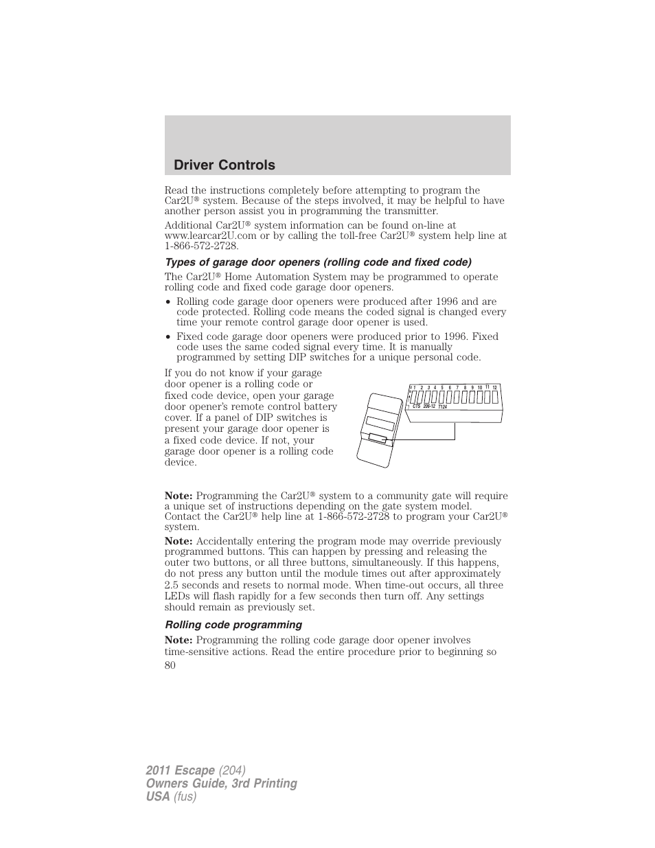 Rolling code programming, Driver controls | FORD 2011 Escape v.3 User Manual | Page 80 / 367