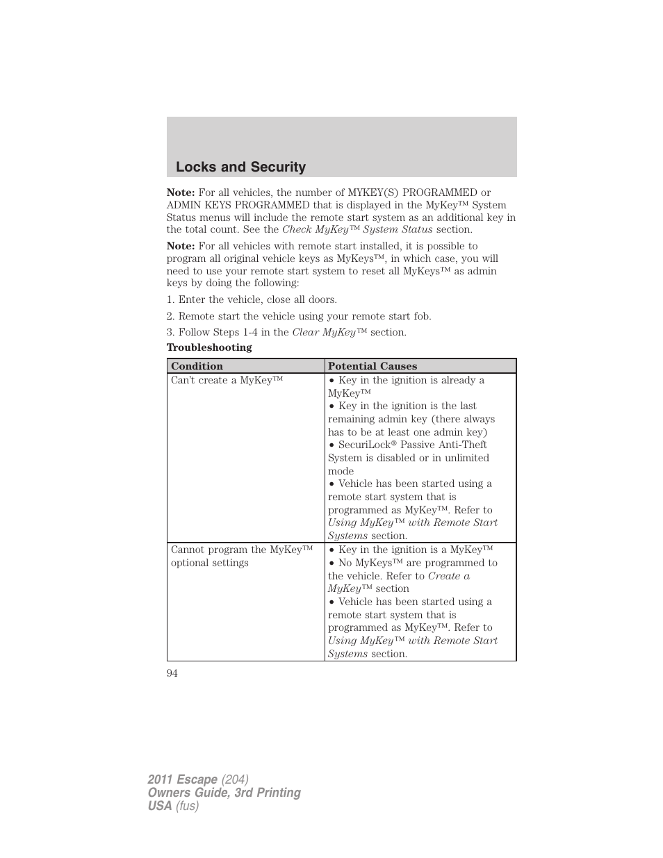 Locks and security | FORD 2011 Escape v.3 User Manual | Page 94 / 367