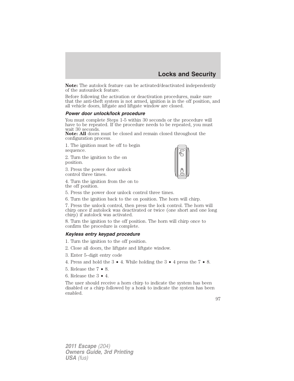 Power door unlock/lock procedure, Keyless entry keypad procedure, Locks and security | FORD 2011 Escape v.3 User Manual | Page 97 / 367
