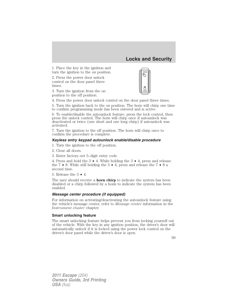 Message center procedure (if equipped), Smart unlocking feature, Locks and security | FORD 2011 Escape v.3 User Manual | Page 99 / 367