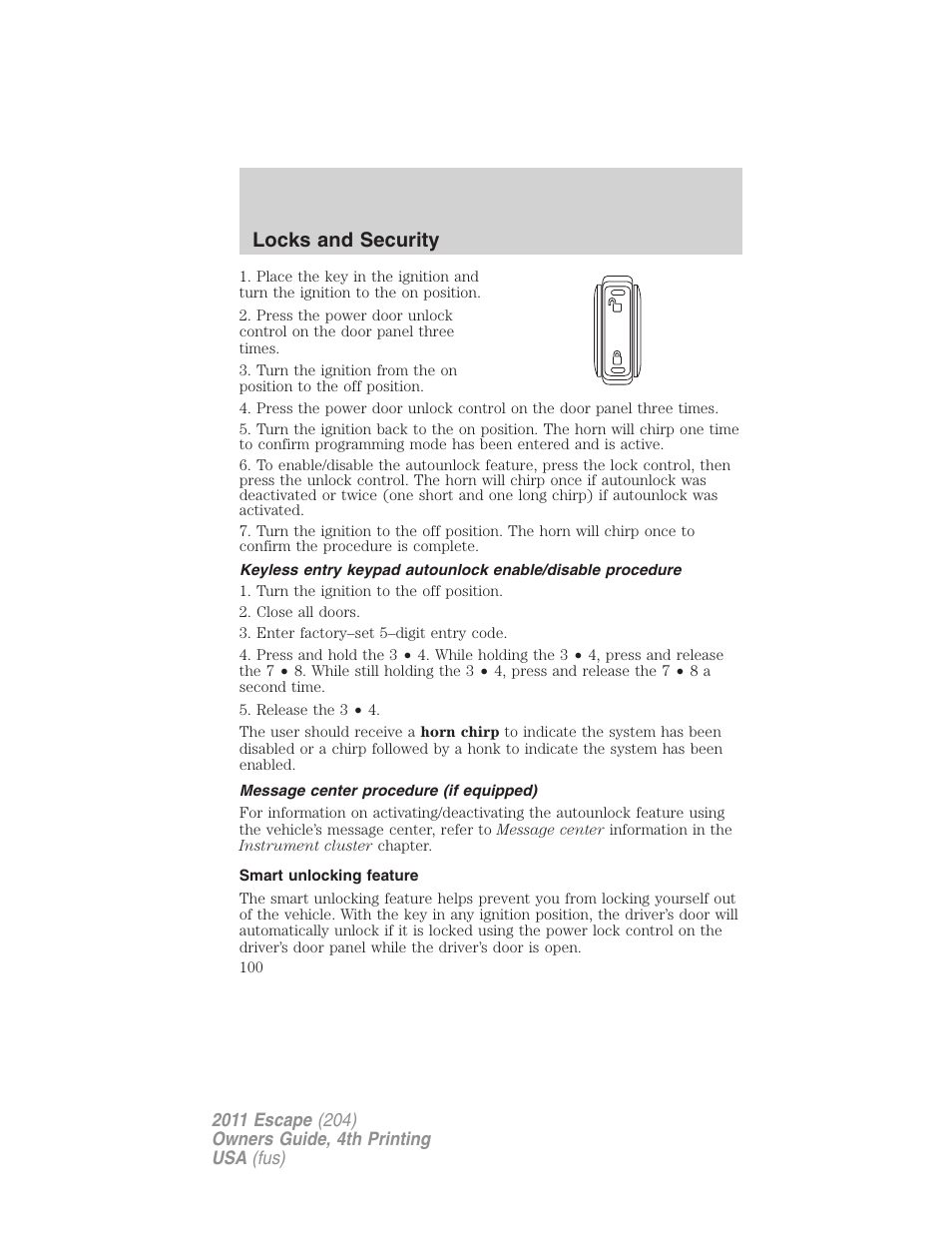 Message center procedure (if equipped), Smart unlocking feature, Locks and security | FORD 2011 Escape v.4 User Manual | Page 100 / 368