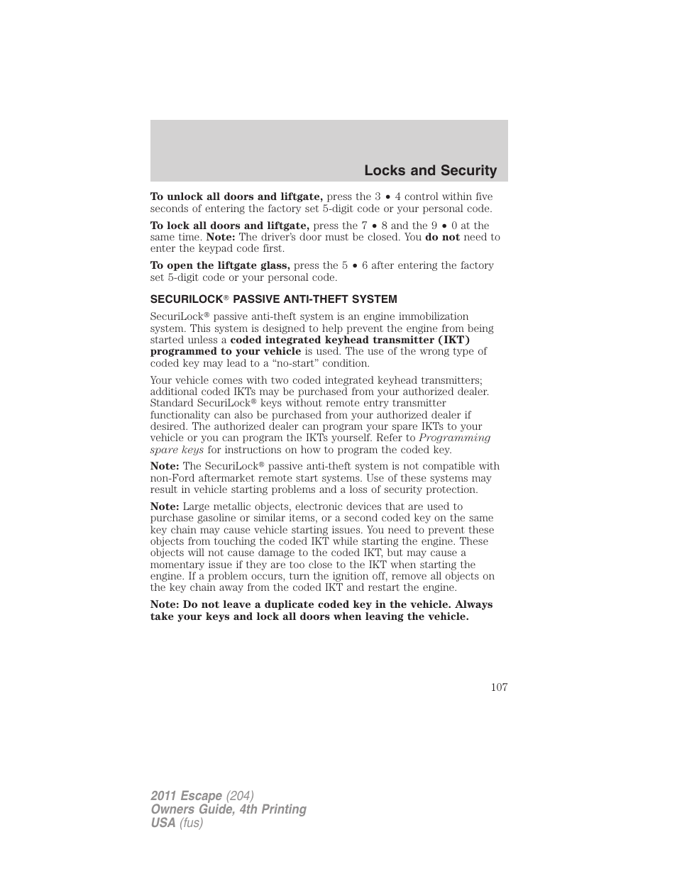 Securilock passive anti-theft system, Anti-theft system, Locks and security | FORD 2011 Escape v.4 User Manual | Page 107 / 368