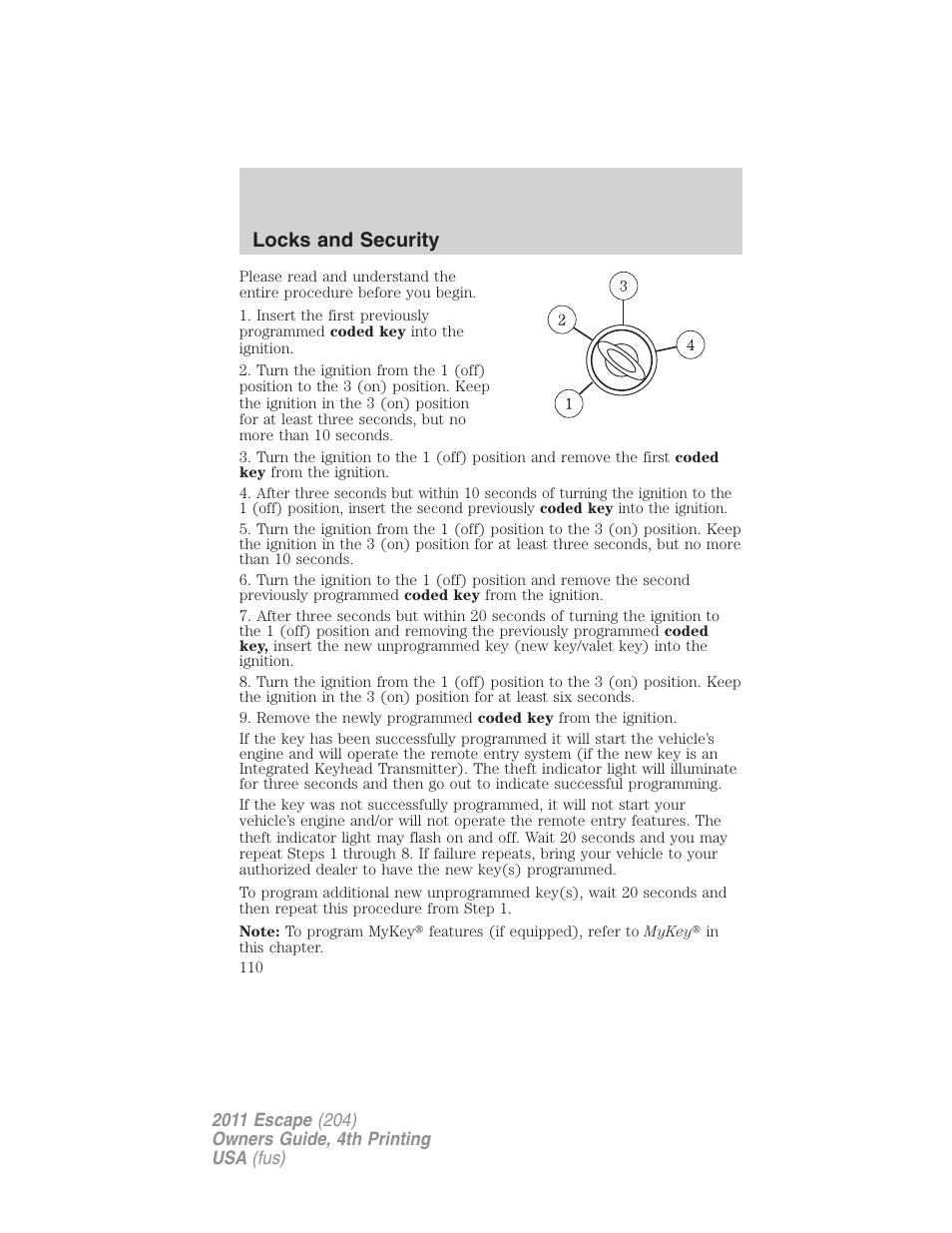 Locks and security | FORD 2011 Escape v.4 User Manual | Page 110 / 368