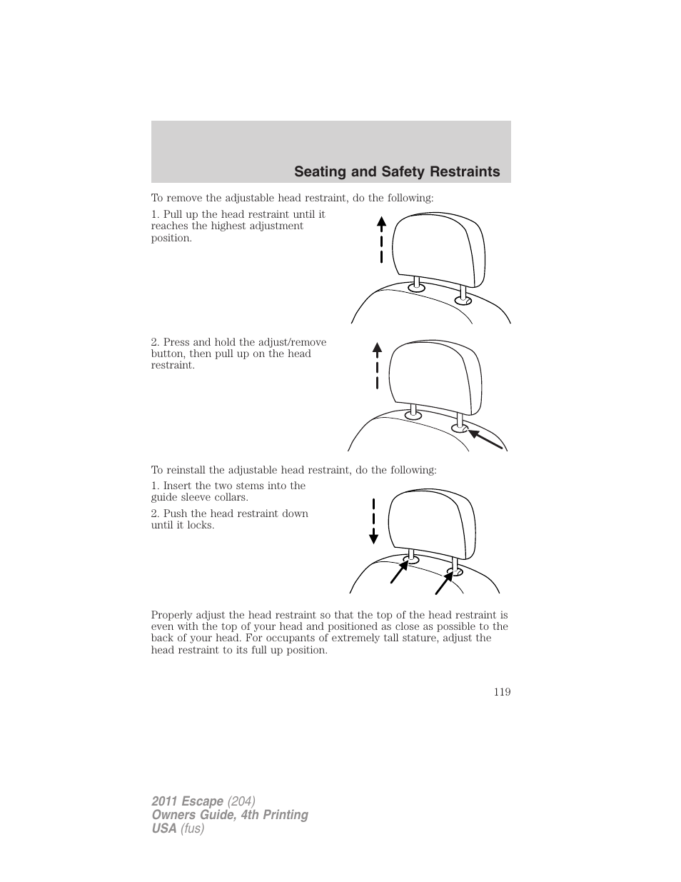 Seating and safety restraints | FORD 2011 Escape v.4 User Manual | Page 119 / 368