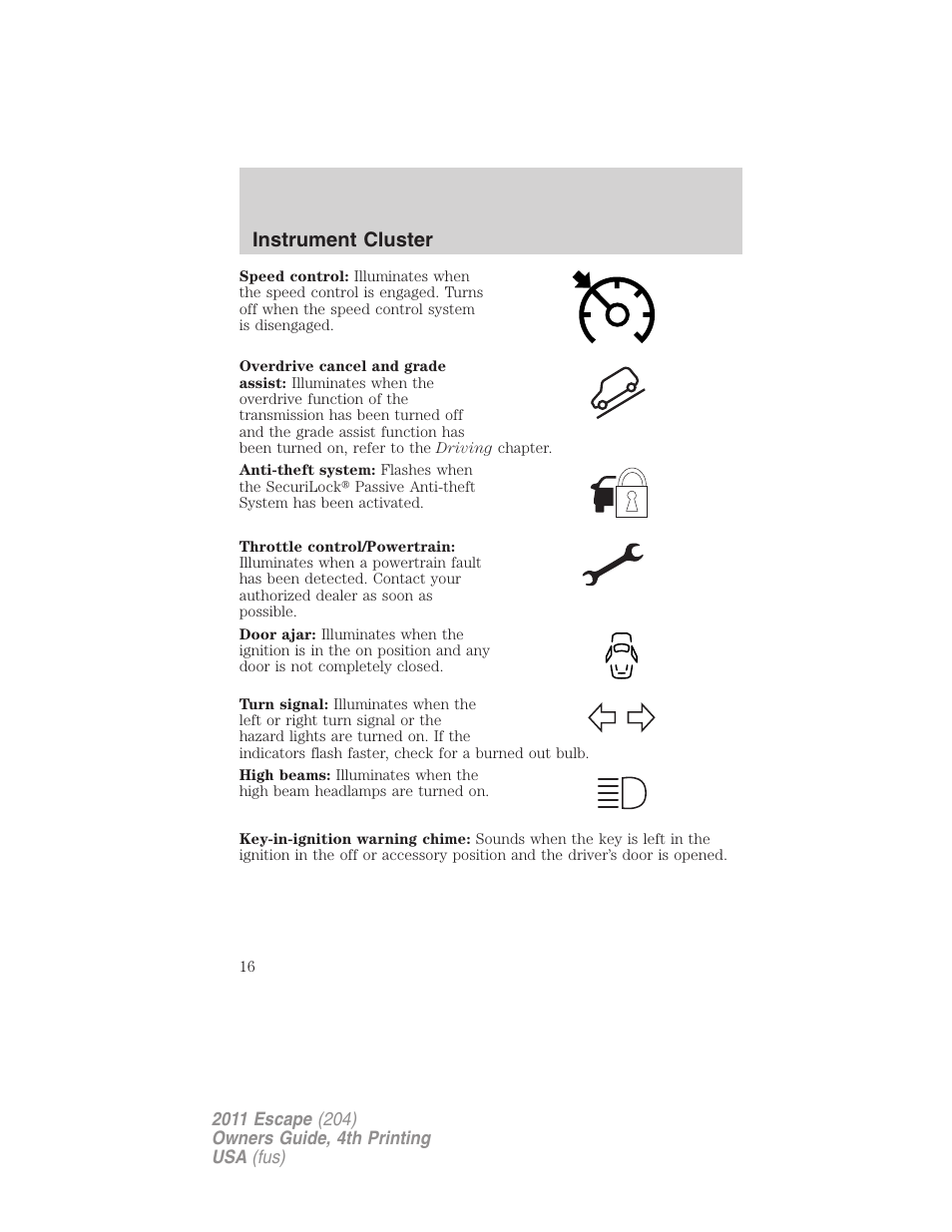 Instrument cluster | FORD 2011 Escape v.4 User Manual | Page 16 / 368