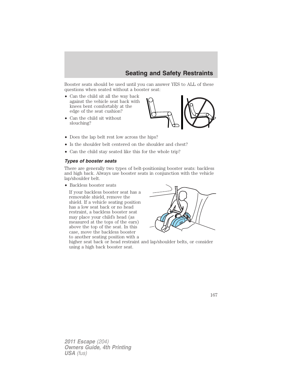 Types of booster seats, Seating and safety restraints | FORD 2011 Escape v.4 User Manual | Page 167 / 368