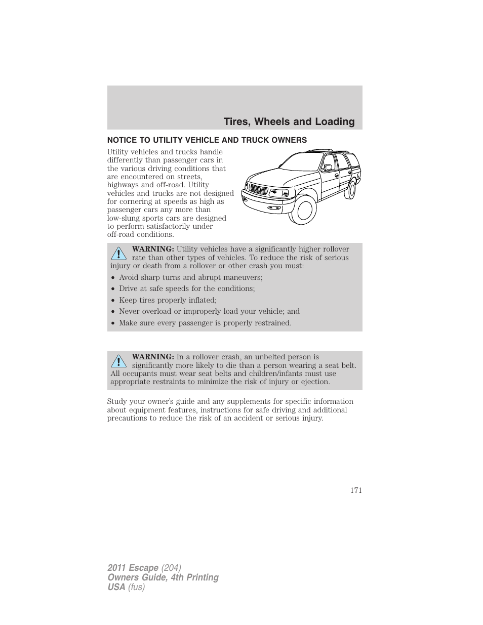 Tires, wheels and loading, Notice to utility vehicle and truck owners | FORD 2011 Escape v.4 User Manual | Page 171 / 368
