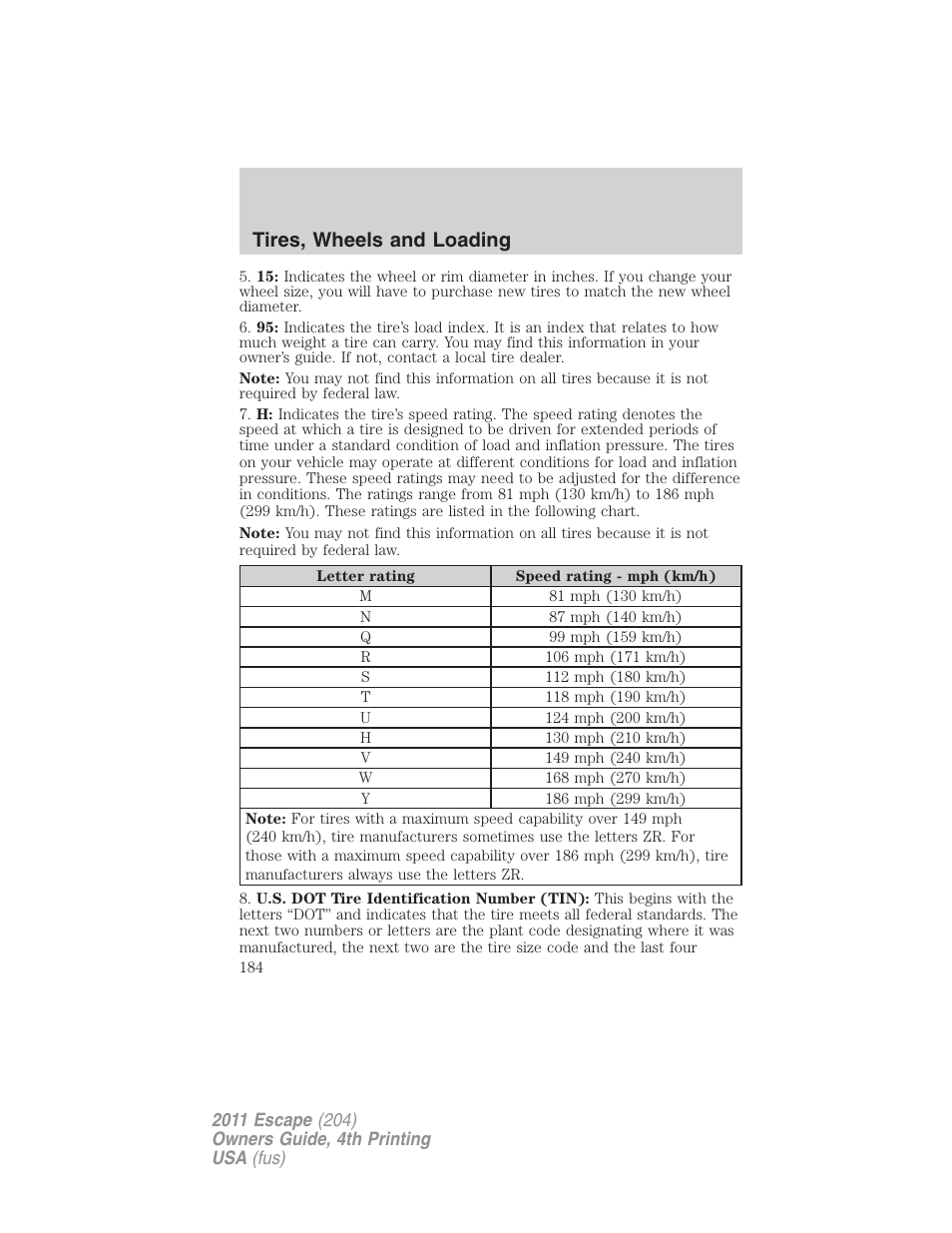 Tires, wheels and loading | FORD 2011 Escape v.4 User Manual | Page 184 / 368