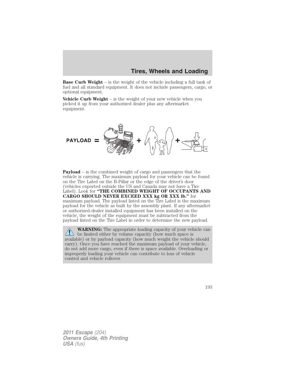 Tires, wheels and loading | FORD 2011 Escape v.4 User Manual | Page 193 / 368