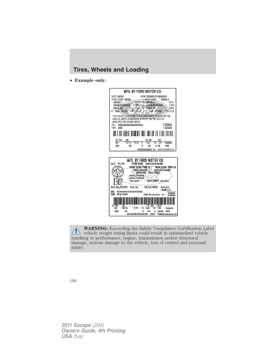 Tires, wheels and loading | FORD 2011 Escape v.4 User Manual | Page 196 / 368