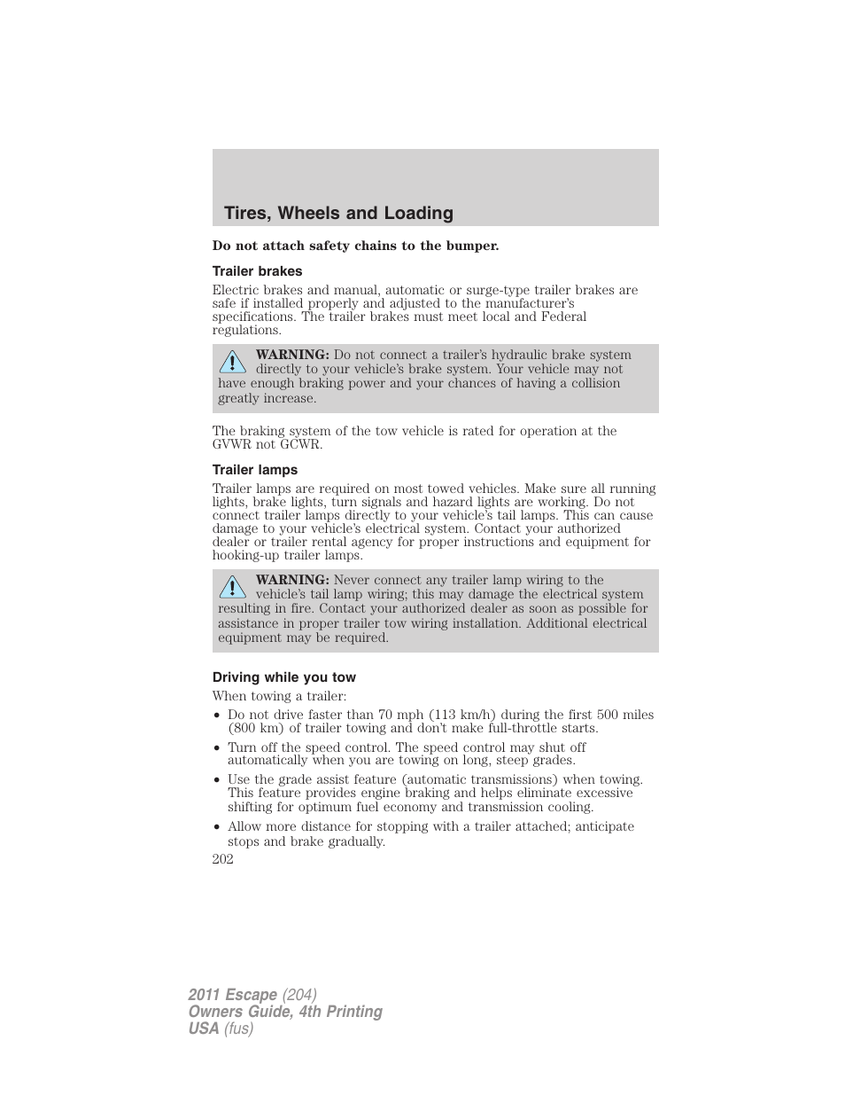 Trailer brakes, Trailer lamps, Driving while you tow | Tires, wheels and loading | FORD 2011 Escape v.4 User Manual | Page 202 / 368