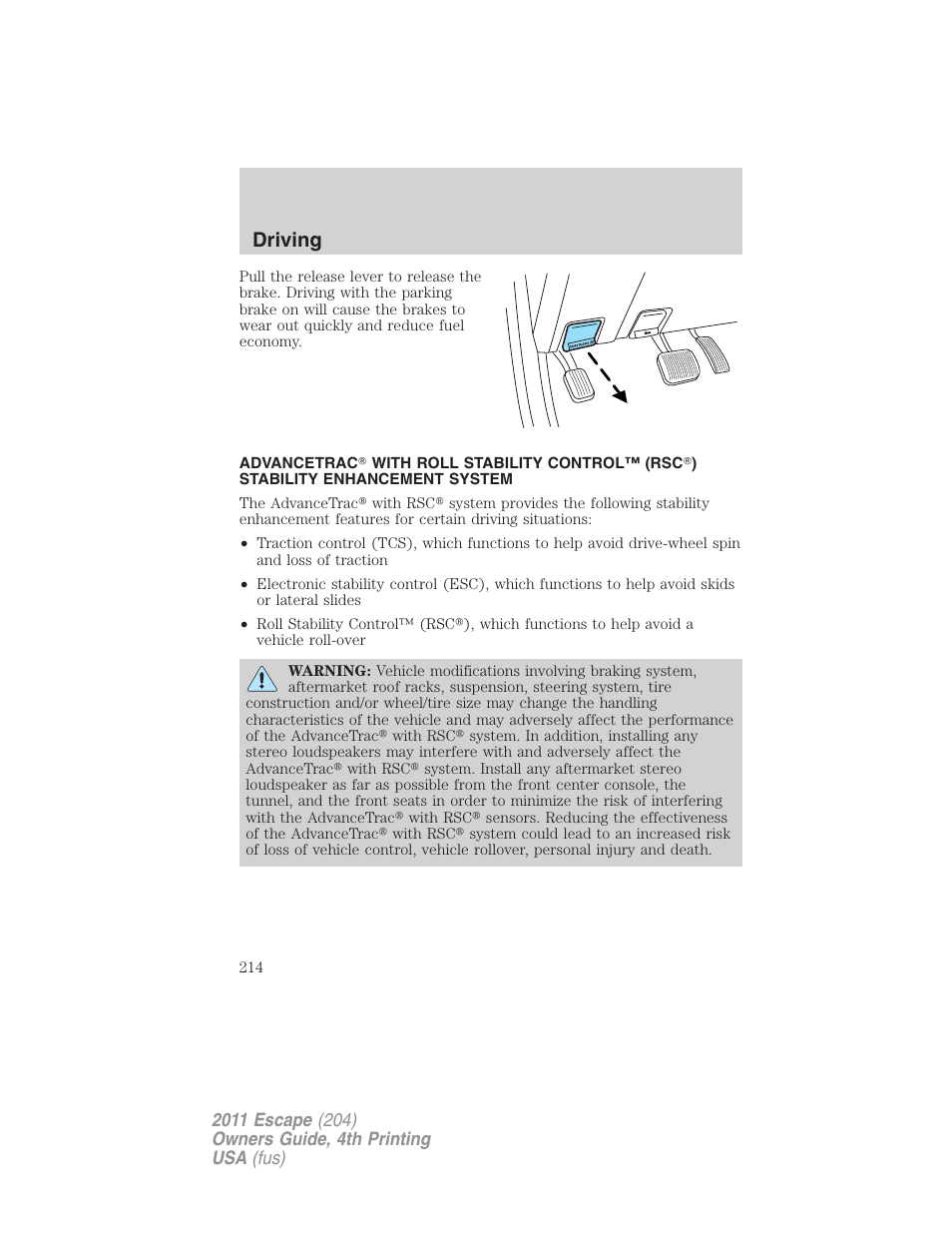 Advancetrac, Driving | FORD 2011 Escape v.4 User Manual | Page 214 / 368