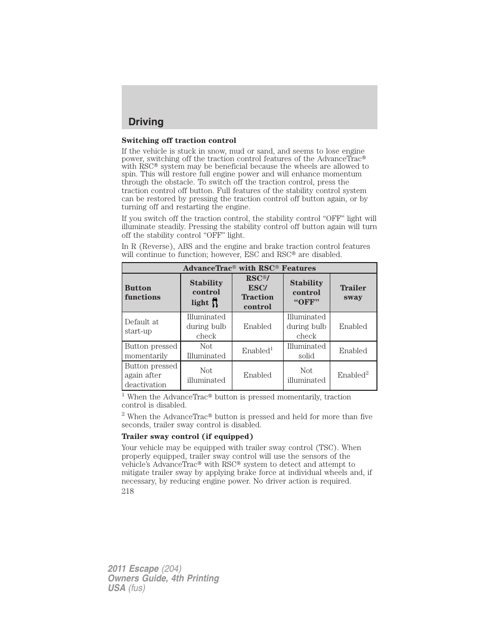 Driving | FORD 2011 Escape v.4 User Manual | Page 218 / 368