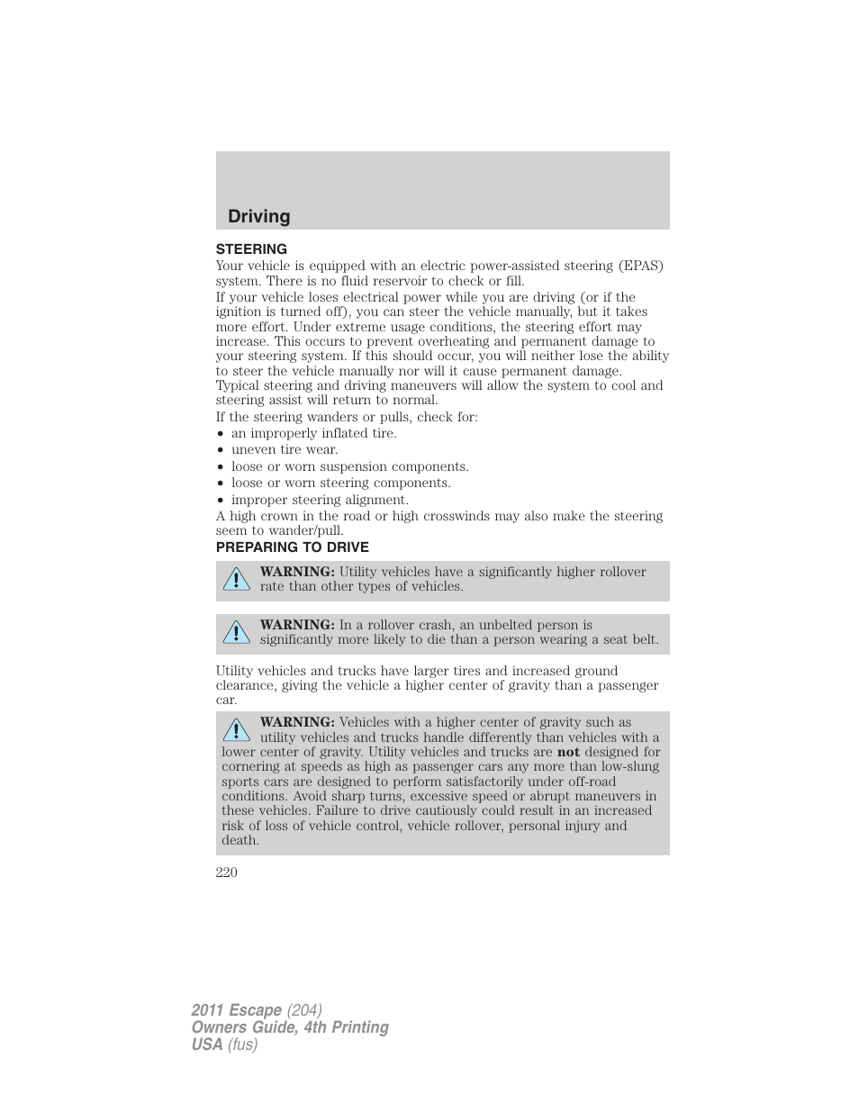 Steering, Preparing to drive, Driving | FORD 2011 Escape v.4 User Manual | Page 220 / 368