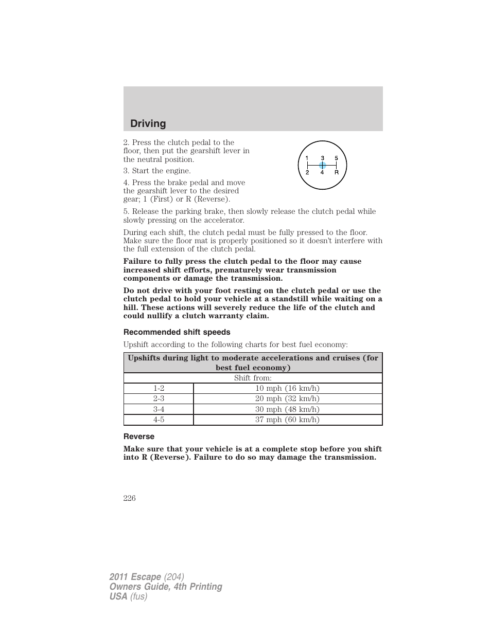 Recommended shift speeds, Reverse, Driving | FORD 2011 Escape v.4 User Manual | Page 226 / 368