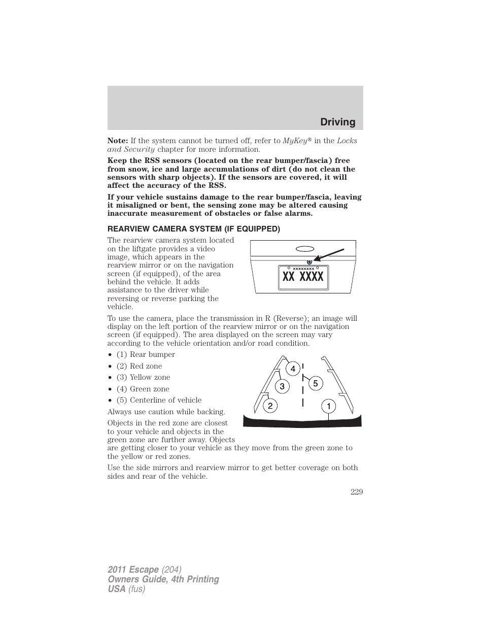 Rearview camera system (if equipped), Rear-view camera system, Driving | FORD 2011 Escape v.4 User Manual | Page 229 / 368