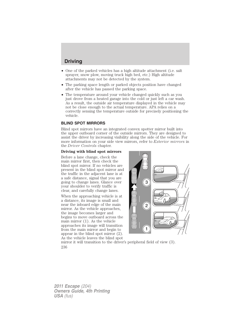 Blind spot mirrors, Driving | FORD 2011 Escape v.4 User Manual | Page 236 / 368