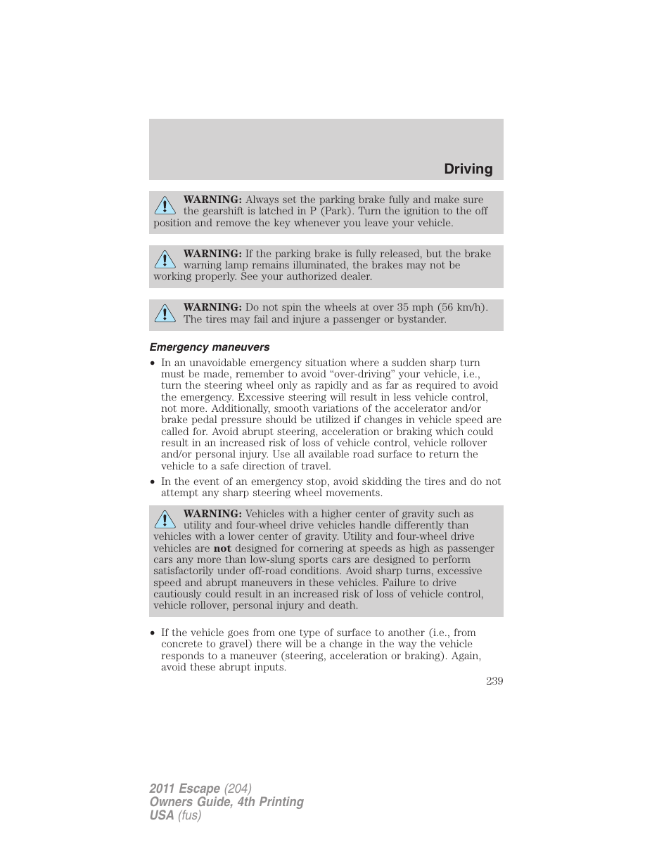 Emergency maneuvers, Driving | FORD 2011 Escape v.4 User Manual | Page 239 / 368