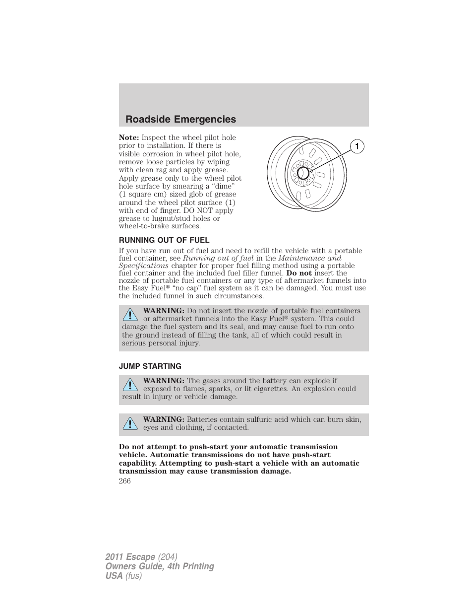 Running out of fuel, Jump starting, Roadside emergencies | FORD 2011 Escape v.4 User Manual | Page 266 / 368