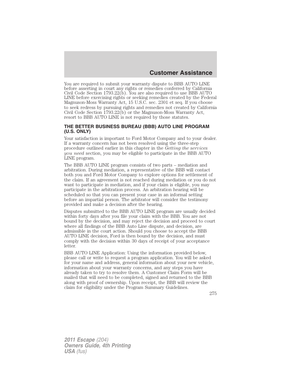 Customer assistance | FORD 2011 Escape v.4 User Manual | Page 275 / 368