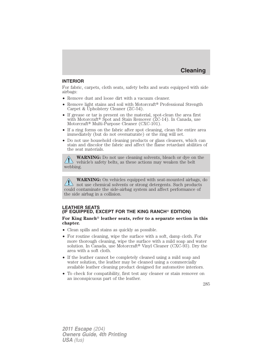 Interior, Cleaning | FORD 2011 Escape v.4 User Manual | Page 285 / 368