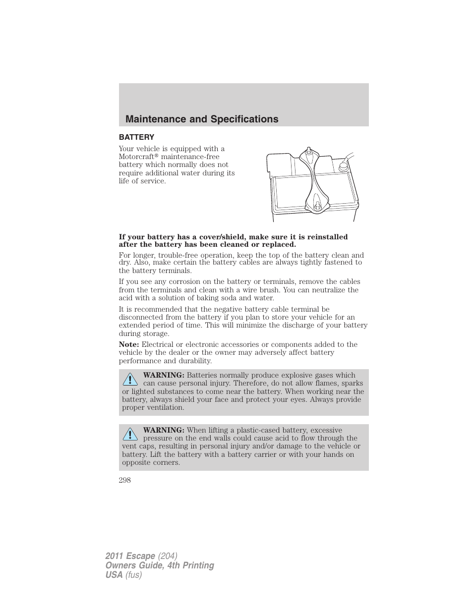 Battery, Maintenance and specifications | FORD 2011 Escape v.4 User Manual | Page 298 / 368