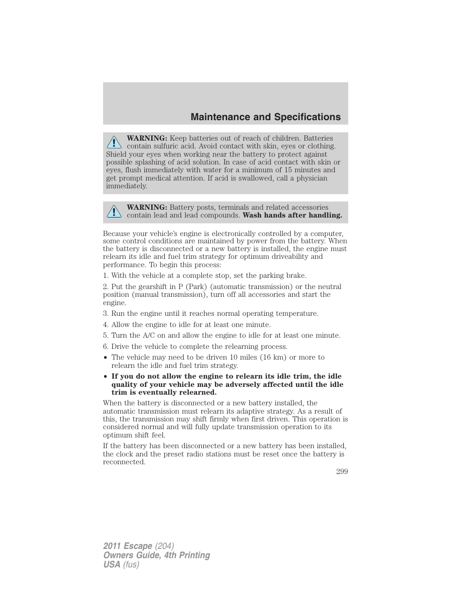 Maintenance and specifications | FORD 2011 Escape v.4 User Manual | Page 299 / 368