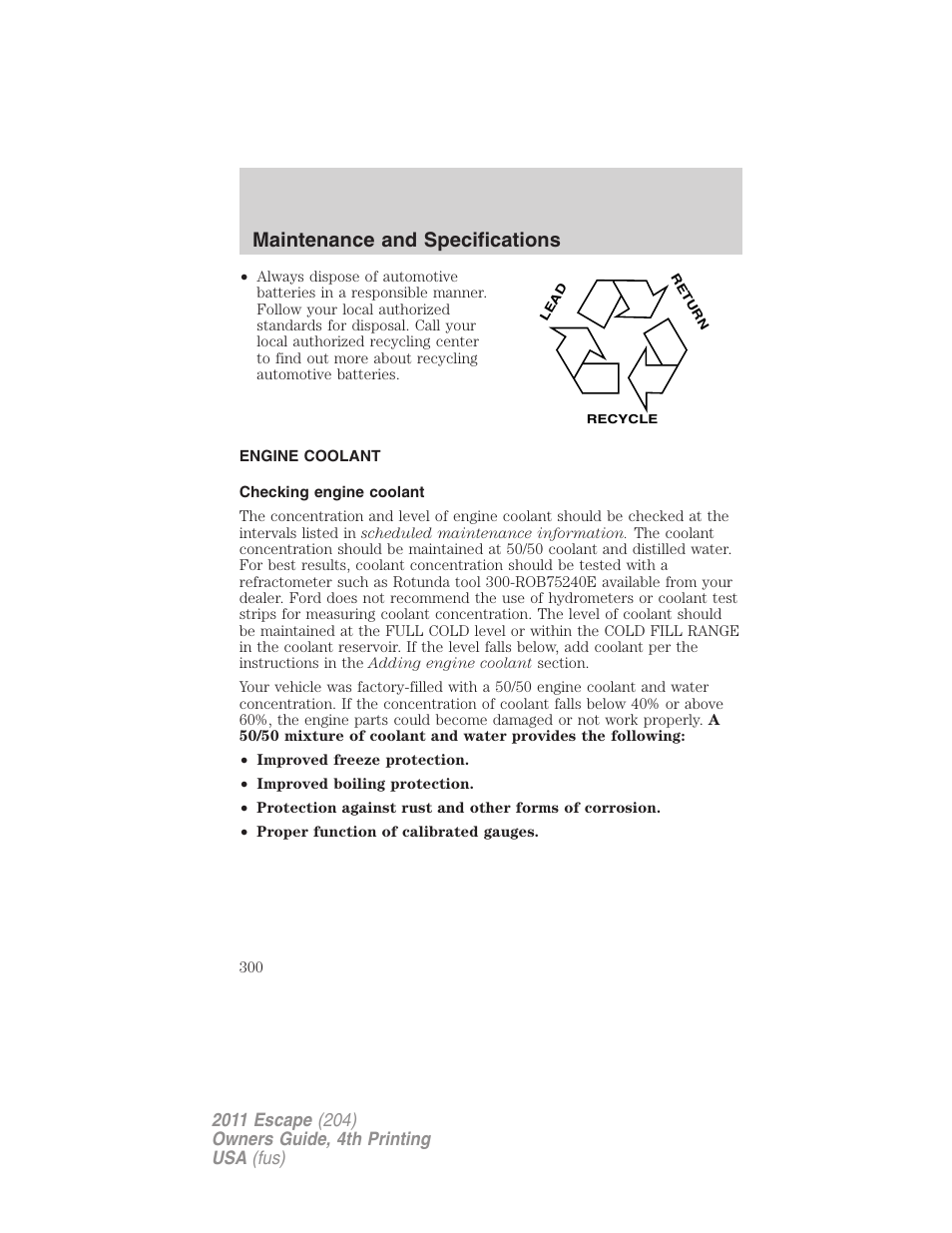 Engine coolant, Checking engine coolant, Maintenance and specifications | FORD 2011 Escape v.4 User Manual | Page 300 / 368