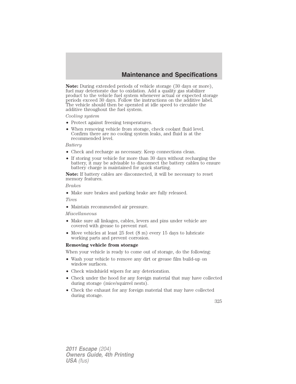 Maintenance and specifications | FORD 2011 Escape v.4 User Manual | Page 325 / 368