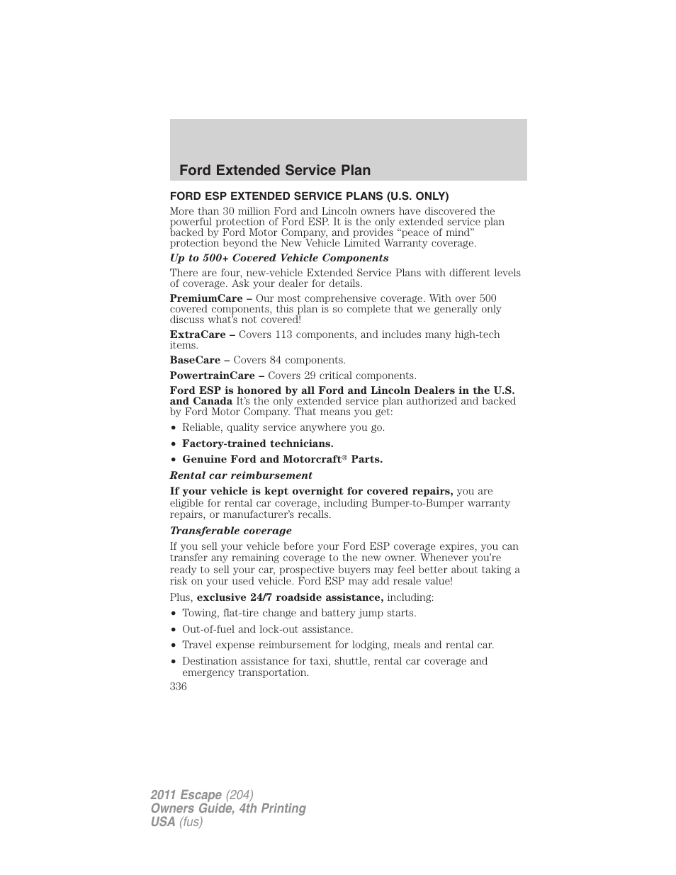 Ford extended service plan, Ford esp extended service plans (u.s. only) | FORD 2011 Escape v.4 User Manual | Page 336 / 368