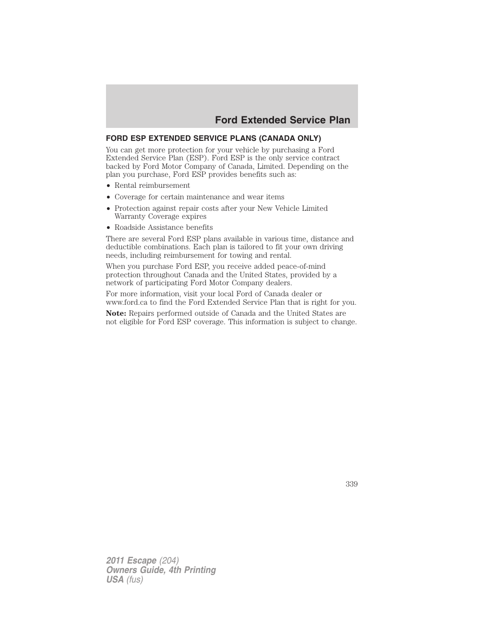 Ford esp extended service plans (canada only), Ford extended service plan | FORD 2011 Escape v.4 User Manual | Page 339 / 368