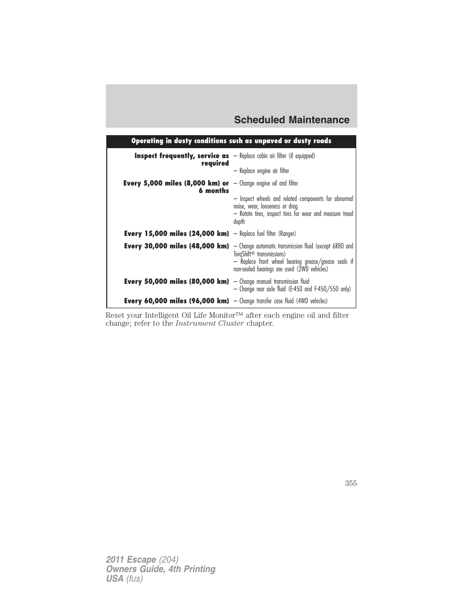 Scheduled maintenance | FORD 2011 Escape v.4 User Manual | Page 355 / 368